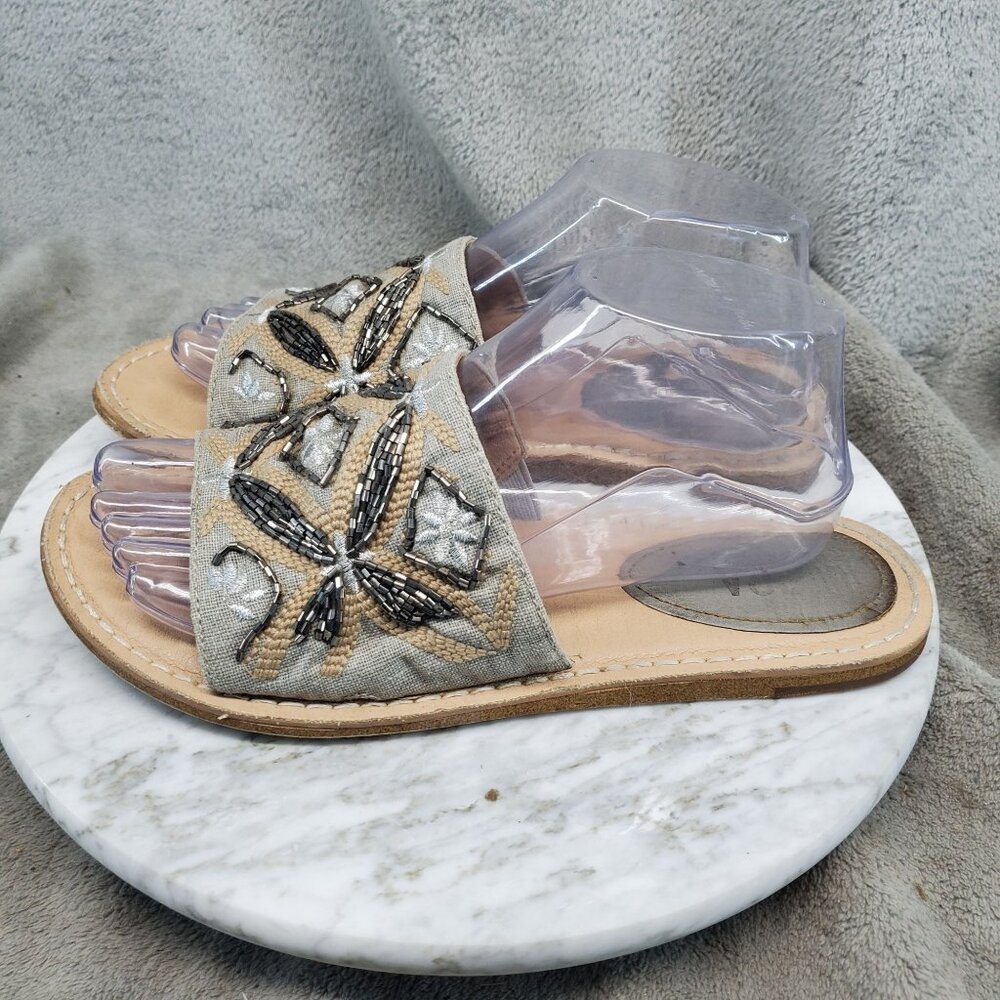 Lucca Lane Shoes Womens Size 8.5 Tan Canvas Valia Beaded Slide Sandals